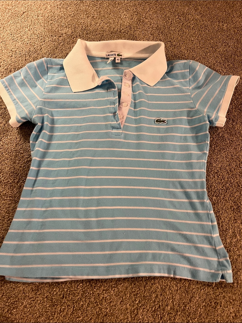 🩵🐊🩵Lacoste sz40 Tiffany Blue White Striped Polo 5 Button Placket